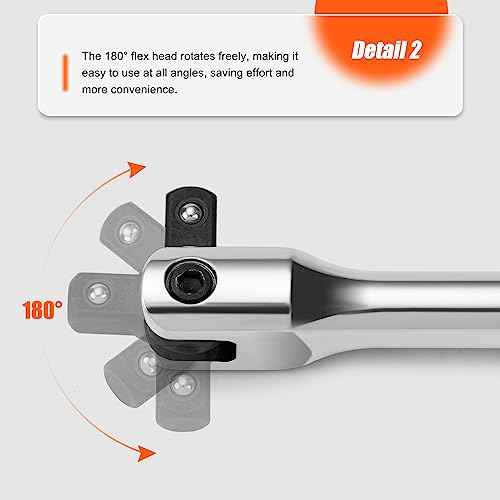 3/8'' Drive Breaker Bar, 10 Inches Long Extension Breaker Bar with 180-Degree Cr-V Flex Head and Engraved Non-slip Handle, Polished Finish, Home Use Socket Wrench