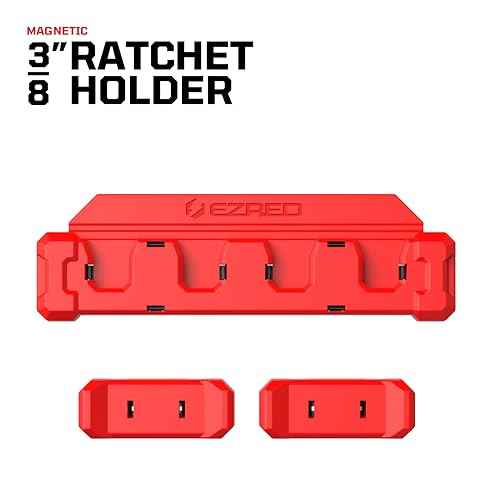 EZRED EZRH4 Magnetic 3/8" Ratchet Holder, Red, Holds 4 Ratchets