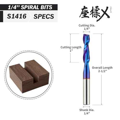 ZahyoX 1/4 Inch Shank Upcut Spiral Router Bit, Nano Coated Solid Carbide Straight CNC End Mill for Wood, 1/4 Dia x 1 CL x 2-1/2 OVL, 2 Pack