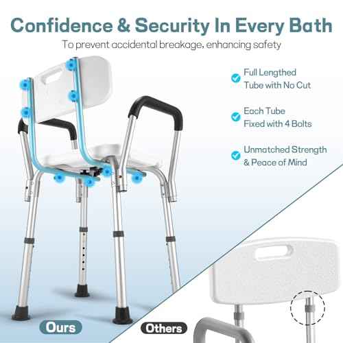 Shower Chair for Elderly and Disabled with Padded Armrests and Back, Adjustable Height Shower Seat, Easy to Assemble Heavy Duty Shower Chairs for Inside Shower, Handicap