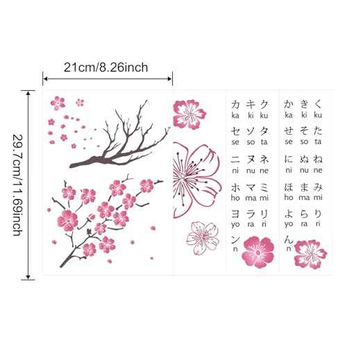 4 PCS Japanese Hiragana Katakana Alphabet Stencil Flower Stencil Set,Sakura Stencil Film for Bullet journaling,Wood Carving, Drawings,Woodburning, Engraving and Scrapbooking Project A4 Size