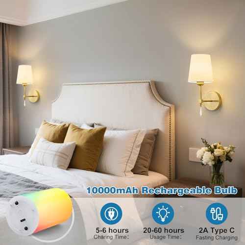 Wireless Wall sconces Set of Two,10000 Mah Battery Operated Wall Sconce with Remote,Dimmable 12 RGBS Rechargeable Wall Sconce,Cordless sconces wall decor set of 2 for Living Room,Bedroom (Gold)