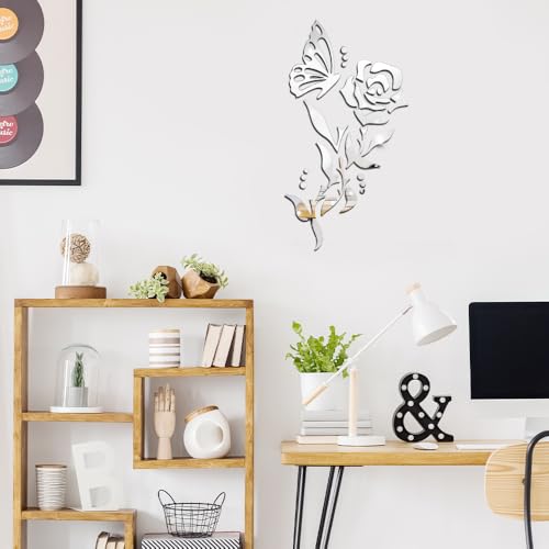 1 Set 3D Rose Mirror Wall Stickers, Acrylic Adhesive Removable Silver Wall Decor, Family Floral Art Mirror Decals Peel and Stick for Bathroom Home Living Room TV Background Sofa Backdrop Bedroom