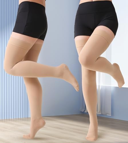 MGANG Medical 20-30 mmHg Compression Stockings for Women & Men, Pair, Thigh High Graduated Compression Socks, Closed Toe, Opaque, Support for Varicose Veins, Edema, DVT, Swelling, Flight, Beige S