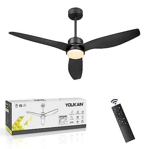 YOUKAIN 52 Inch Indoor/Outdoor Modern Ceiling Fan with Lights and Remote Control, Reversible Blades, for Living room, Bedroom, Bathroom, Matte Black, 52-YJ359-BK