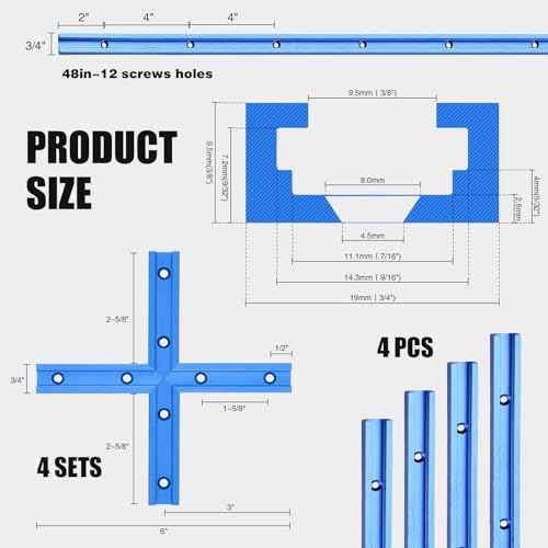 Zonon 4 Set 48'' T Track for Woodworking and T Track Intersection Kit with Predrilled Mounting Holes Wood Screw Double Cut Profile Universal T Track Accessory Aluminum T Rail Track Woodworking Tool