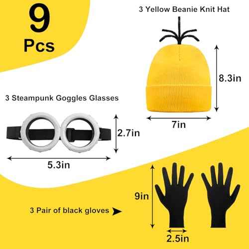 9PCS Costume Accessories Set Yellow Beanie Knit Hat Vintage Goggles Glasses Black Gloves for Cosplay, Halloween Costumes 2025