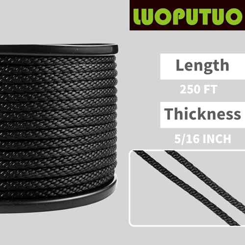 5/16 Inch 250FT Black Polyester Solid Braid Rope | High UV & Abrasion Resistance | Industrial Grade, Low Stretch | Multipurpose for Flag Poles, Clotheslines