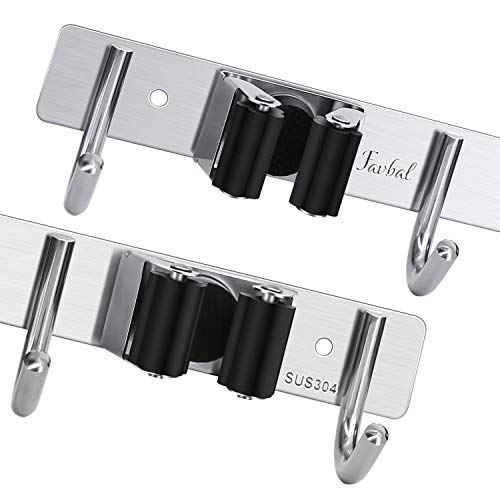 Broom Hanger Wall Mounted, 2PCS Mop and Broom Holder Wall Mount Garage Organization and Storage Stainless Steel Kitchen Tool Organizer Wall Hanger for Laundry Room Garden Garage Closet Kitchen
