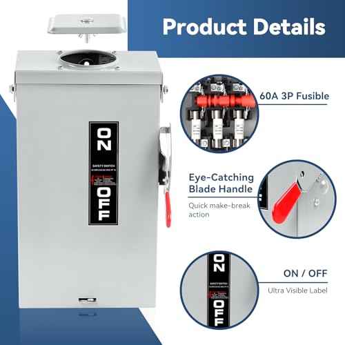 60 Amp Disconnect Box, 3 Pole Fusible Safety Switch, 110/240V, Heavy Duty Metal Structure, Reserved Knout-Outs Design, NEMA 3R Enclosure for Outdoor, 10-Year Warranty, Ideal for Commercial Application
