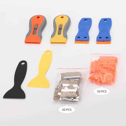 Razor Blade Scraper Tool, 6 Pack Razor Scraper with Extra 50Pcs Metal & 50Pcs Plastic Blades, Cleaning Scraper for Glass, WindowWindow, Sticker, Cooktop, Paint