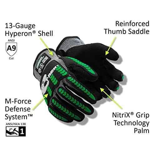 MAGID T-REX Flex Series ANSI Cut Level A9 Knit Impact Glove, 1 Pair, NitriX Palm, Size 9/L, Black & Green, TRX795