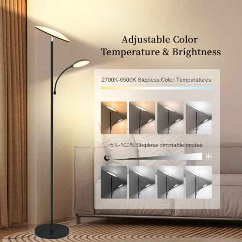 Floor Lamp, 2025 Upgraded 42W 4500LM Super Bright LED Floor Lamp with Rotatable Reading Light, Touch Remote Control & Memory Function, Stepless Dimmable Standing Lamp for Living Room Bedroom, Black