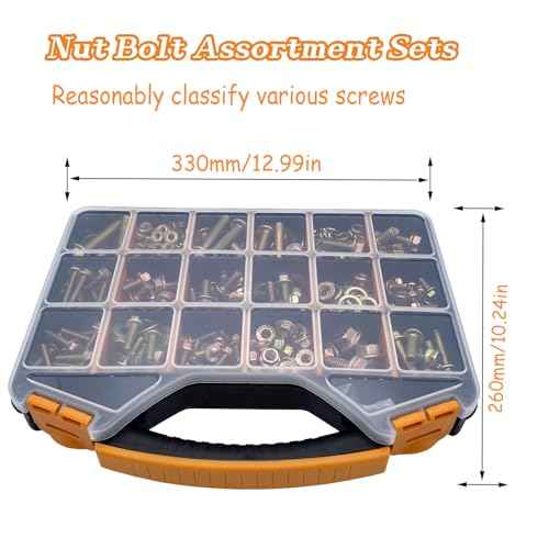 820pcs Metric Flange Bolt Assortment, Bolts and Nuts Kit, M6x1.0, M8x1.25, M10x1.5, M12x1.75(16mm to 50mm) Bolts and Nuts Assortment, Flange Hex Bolts and Nuts Washers Kit, Yellow Zinc, 16 Sizes