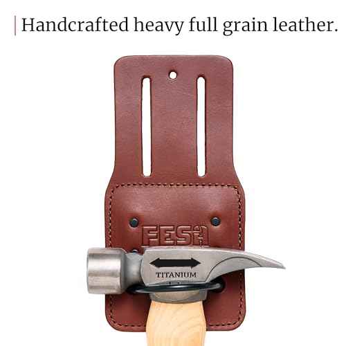 FESA Leather Hammer Holder for Belt - Top Grain Leather Hammer Holster with Steel Hammer Loop & Reinforced Heavy Duty Rivets - Fits Belts up to 3" - Handcrafted