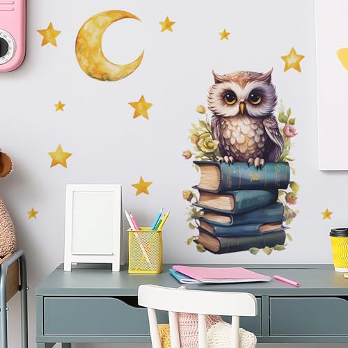 Cute Owl Books Moon Stars Educational Wall Stickers, sacinora Reading Corner Cartoon Animal Wall Decals Removable Vinyl Peel and Stick for Kids Baby Study Room Classroom Nursery Bedroom Art Decoration