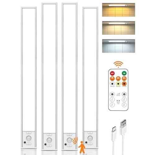 Under Cabinet Lights, 80 LED Motion Sensor Light Indoor,4000mAh USB Rechargeable Closet Light with Remote Control,3 Color Temps Wireless Under Counter Lights for Bedroom,Kitchen,Stairs,4 Pack