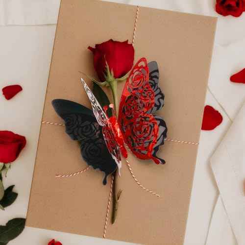 3D Butterfly Wall Decor Summer Party Rose Butterfly Sticker Decoration 3.85x4.6 inche Red Black Double Deck Removable Sticker for Birthday Holiday Party Decoration-6pcs