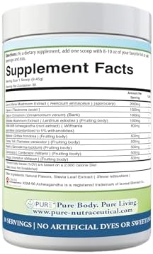PURE® Mushroom Superblend - 30 Servings - 2000mg Lion’s Mane with KSM-66® Ashwagandha & Organic Cacao - Caffeine-Free Focus, Memory & Stress Relief Morning Ritual - Made in USA