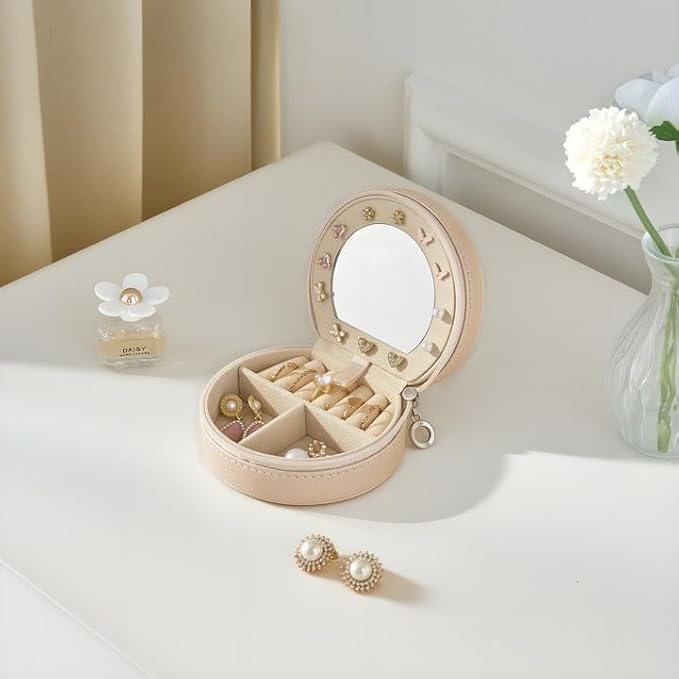 ProCase Travel Size Jewelry Box, Mini Portable Seashell-Shaped Jewelry Case with Mirror, 2 Layer Organizer in PU Leather for Women -Champagne