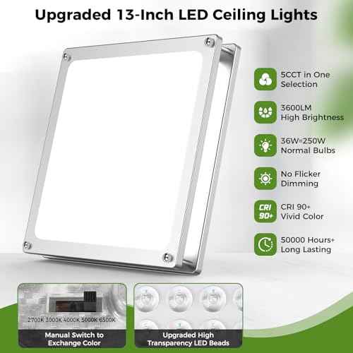 13 Inch Dimmable Square LED Ceiling Lights, 2-Pack 36W Brushed Nickel Flush Mount Light Fixtures, 3200LM Super Bright 2700K-6500K Adjustable Modern Ceiling Lamps for Bedroom Kitchen Bathroom Hallway