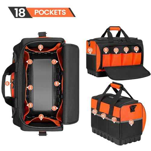 Tool Bag, Large Tool Organizer Bag with 18 Pockets,15.7x 11.4x 9.8 inch, Heavy Duty 600D Fabric, Black and Orange