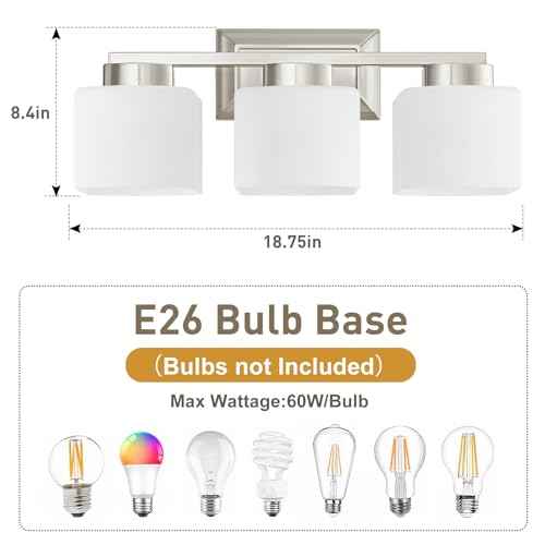 3-Light Bathroom Light Fixtures - Brushed Nickel Bathroom Vanity Lights with Glass Shade Modern Bathroom Lighting Fixtures Over Mirror - Wall Sconce Lamps for Bedroom,Living Room,Hallway