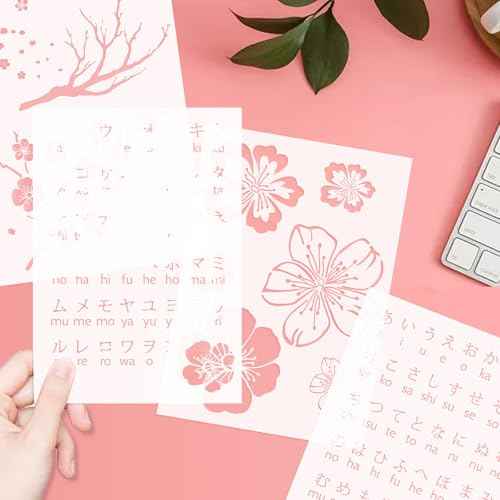 4 PCS Japanese Hiragana Katakana Alphabet Stencil Flower Stencil Set,Sakura Stencil Film for Bullet journaling,Wood Carving, Drawings,Woodburning, Engraving and Scrapbooking Project A4 Size