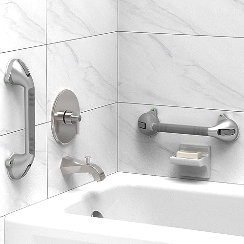 16.5inch Suction Bath Grab Bar with Indicators, Balance Assist Bathroom Shower Handle, Silver/Grey（Pack of 2）