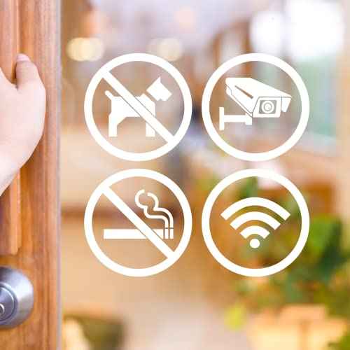 dealzEpic - Clear Transparent White Store Signs of No Smoking, No Pet Allowed, Free WIFI and Security Camera Sign - Self Adhesive Peel and Stick Vinyl Decals for Glass Door or Window
