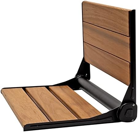 Home Aesthetics 18" ADA Compliant Wall-Mounted Folding Serena Teak Wood Shower Bench Seat with Matte Black Frame, Clear Coated for Extra Protection