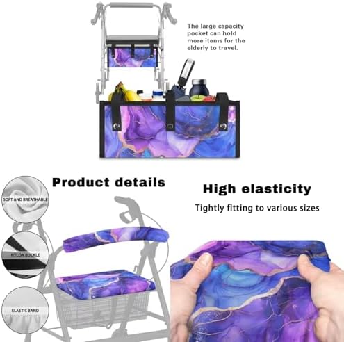 LedBack Walker Accessories Sets Wheelchair Bag for Seniors Rollator Walker Rollator Covers Purple Marble Print Walker Seat and Backrest Covers, Easy to Install