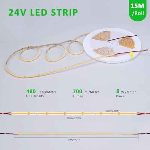 JOYLIT 49.2FT/15M COB LED Strip Lights 24V 3000K Warm White Indoor, 480LEDs/M High Density Spotless CRI 90+ Dimmable Flexible Tape Light for Bedroom, Cabinets, Retail (Power Supply Not Included)
