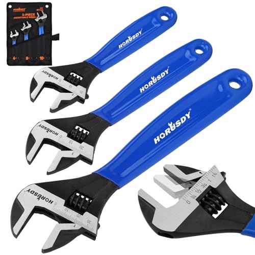 HORUSDY 3 Piece Adjustable Wrench Set, Wide Jaw Black Oxide Wrench, Metric & SAE Scales, Cr-V Steel, for Home, Garage, Workshop