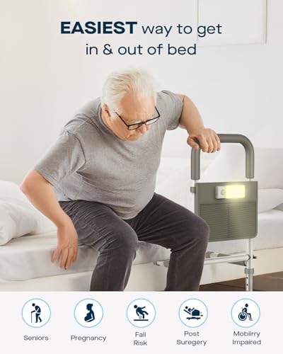 Bed Rails for Elderly Adults Safety, Adjustable Bed Assist Rail for Seniors with Motion Sensor LED Light & Storage Pocket, Non-Slip Handle Support Bar, Fits Twin/Full/Queen/King