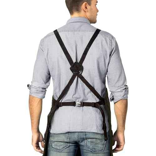 Under NY Sky Woodwork Apron - 12 pockets & loops, Waxed Canvas, Cross-Back, Leather Reinforcement - Carpenter, Mechanic, Workshop, Tool Aprons (Woodwork Green)