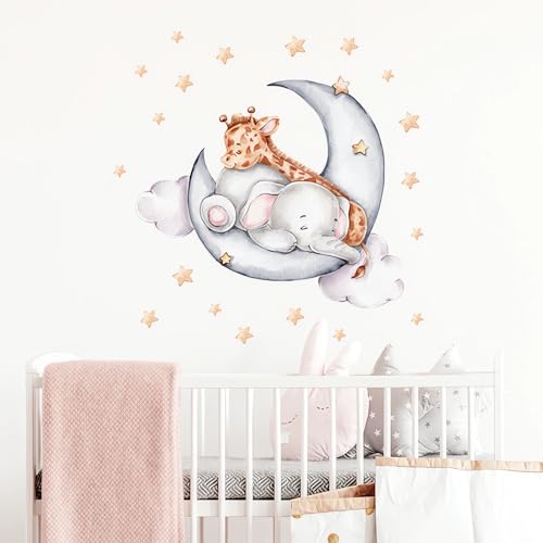 Cute Sleeping Baby Elephant Giraffe Wall Stickers, sacinora Moon and Stars Cartoon DIY Wall Decals Removable Vinyl Peel and Stick for Kids Baby Nursery Bedroom Toddler Room Art Decorations