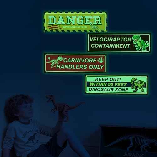 Glow in The Dark Dinosaur Wall Stickers, Dangerous Dinosaur Attacks Warning Wall Decals for Dino Areas, Velociraptor Fence Warning Ceiling Decor, Boys Kids Bedroom Home School Nursery Party Supplies