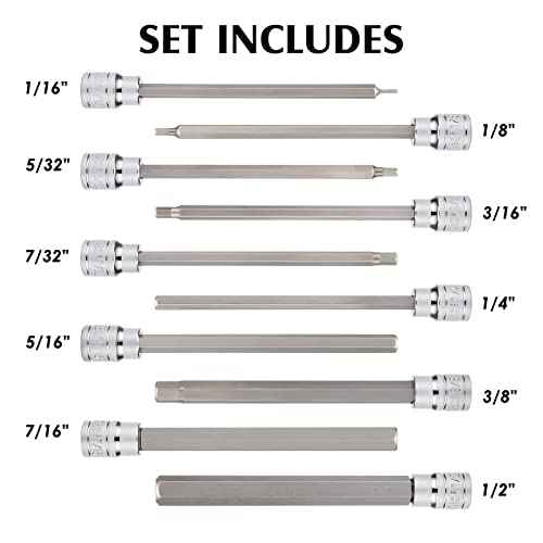 MIXPOWER 3/8 Inch Drive Long Hex Bit Socket Set, 1/16 Inch to 1/2 Inch, SAE, Extra Long Allen Hex Bit Socket Set, CR-V and S2 Steel, 10 Pieces