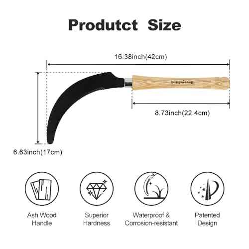 Berry&Bird Grass Sickle with Sawtooth, Heavy Duty SK5 Carbon Steel Blade Sickle Knife Scythe Garden Tool, Brush Clearing Sickle Weeding & Harvesting Tool for Gardeners/Farmers - Ashwood Handle