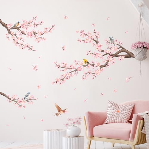 Pink Cherry Blossom Branch Wall Decals, Flowers Birds Wall Stickers Vinyl Peel and Stick Wall Decal Self Adhesive Wall Art Sticker for Aisle Bedroom Offices Sofa TV Backdrop Wall Home Decor