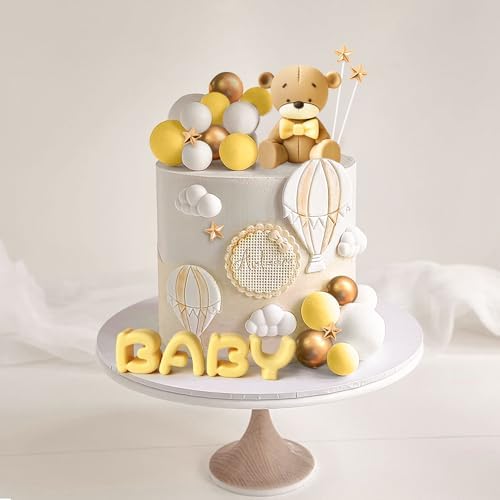 Yellow Baby Shower Cake Decoration Bear Cake Topper Gender Reveal Cake Decoration Green Gold Balls Cake Topper for Baby Shower Birthday Party Decoration