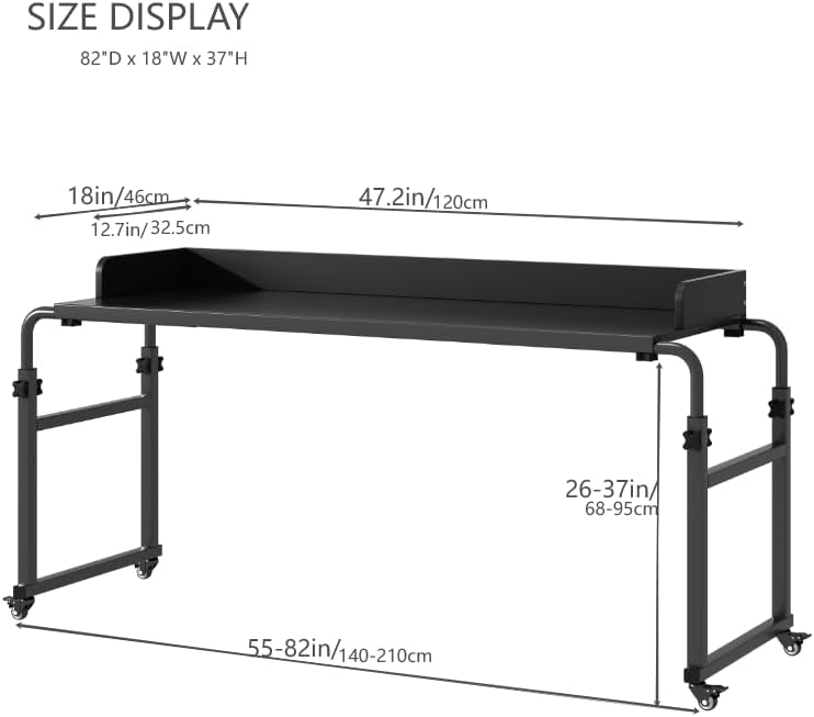 Overbed Table with 360° Wheels, Queen Size Mobile Bed Desk, Recliner Table Over Bed Table Adjustable Height and Length Overbed Table with Heavy Duty Metal Leg for Hospital and Home use