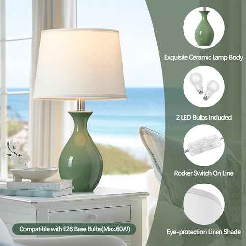 PARTPHONER Table Lamp Set of 2, Modern Ceramic Bedside Lamps for Night Stands, Classic Small Lamp Nightstand Lamp for Bedroom Living Room Desk End Table Rocker Swtich Sage Green