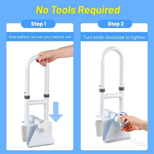 Bathtub Grab Bars for Seniors, Tub Handle Grab Bar for Elderly Bath Support, Bathtub Safety Rail, Assistance Bathtub Handle Clamp for Bathroom, 3.3"- 7" Width Adjustable, White