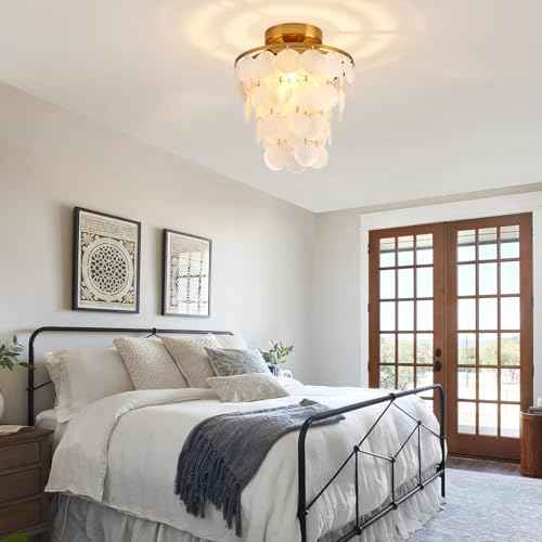 Capiz Shell Ceiling Light Fixture Modern Gold Semi Flush Mount Ceiling Lights 11.8Inch Small Chandelier for Entryway Bedroom