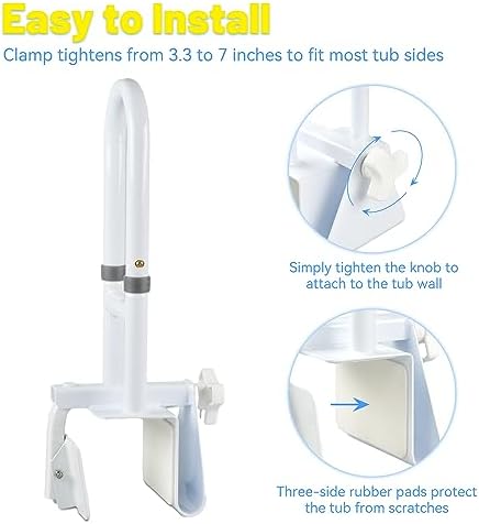 Bathtub Grab Bars for Seniors, Tub Handle Grab Bar for Elderly Bath Support, Bathtub Safety Rail, Assistance Bathtub Handle Clamp for Bathroom, 3.3"- 7" Width Adjustable, White