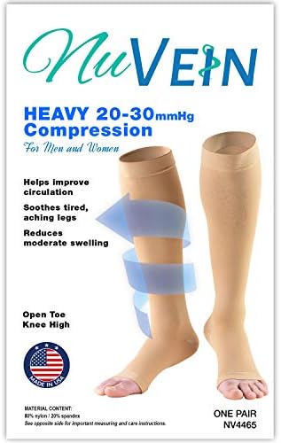 NuVein Medical Compression Stockings, 20-30 mmHg Support for Women & Men, Knee Length, Open Toe, Beige, 2X-Large