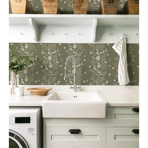 Tonal Floral Peel and Stick Wallpaper Sage Green Floral Self Adhesive Wallpaper Contact Paper Waterproof for Shelves Cabinet Drawer Table (Sage Green, 17.32in X 6.56ft)