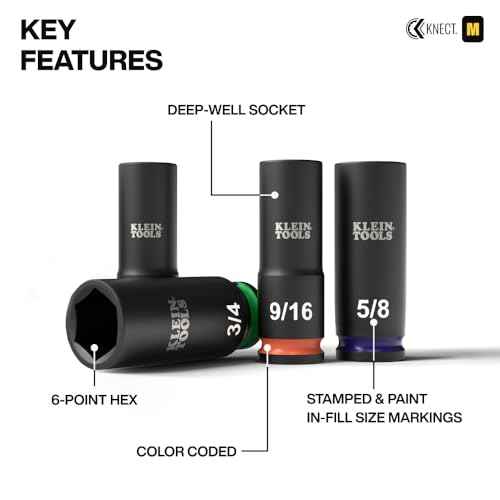 Klein Tools 65109IMPCT KNECT Deep-Well 3/8-Inch Drive Impact Socket Set, SAE, 9-Piece Tool Set with Impact Driver Adapter, Multi-Purpose Wrench Adapter, Color-Coded, MODbox Socket Organizer